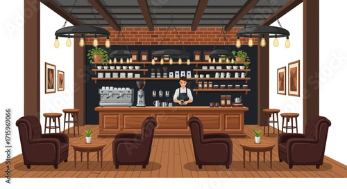 Cozy Coffee Shop Interior with Barista and Comfortable Seating Area