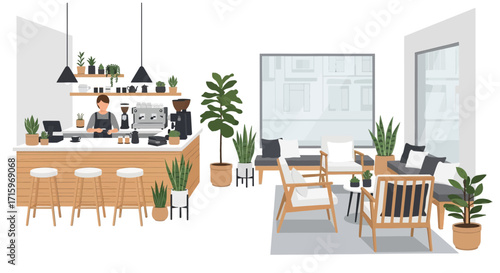Cozy Coffee Shop Interior with Barista and Seating Area in Neutral Tones