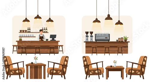 Cozy coffee shop interior with barista and comfortable seating area scenery