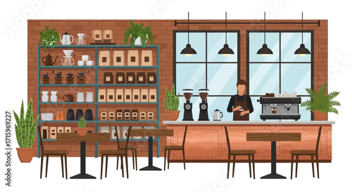 Cozy coffee shop interior with brick wall, barista and coffee equipment