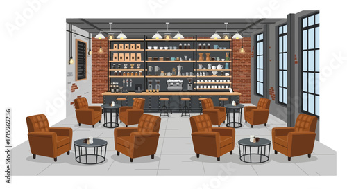 Cozy coffee shop interior with comfortable seating and modern design