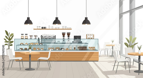 Cozy coffee shop interior with display case and seating area artwork