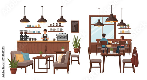 Cozy coffee shop interior with customers enjoying coffee and barista work