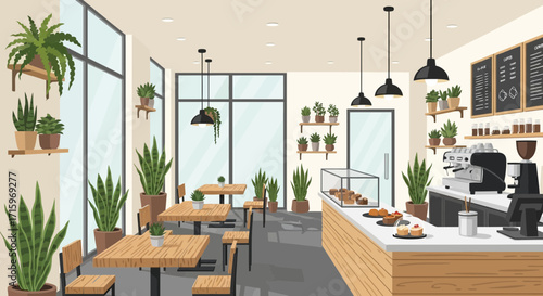 Cozy coffee shop interior with green plants and wooden furniture