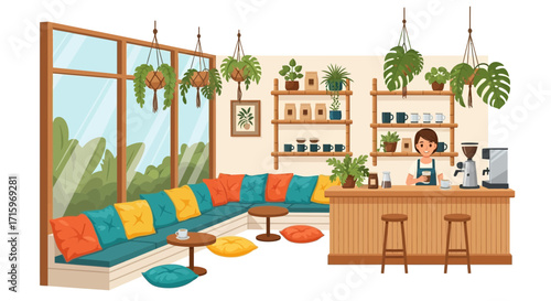 Cozy coffee shop interior with greenery and barista at the counter