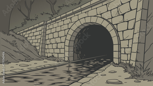 A stone tunnel entrance with a path leading inside and trees and vegetation around the structure