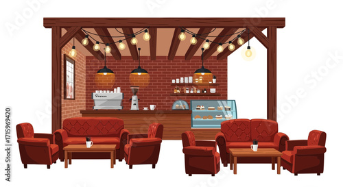 Cozy coffee shop interior with rustic decor and comfortable seating area