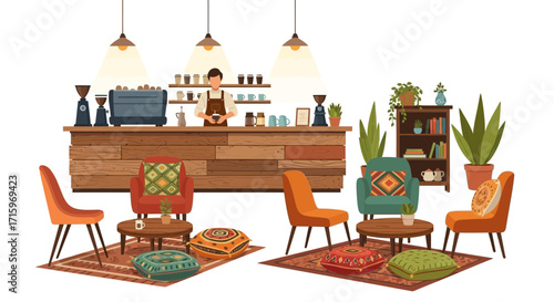 Cozy Coffee Shop Interior with Rustic Decor and Relaxing Atmosphere Design