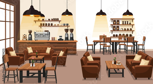 Cozy coffee shop interior with rustic design and comfortable seating arrangements