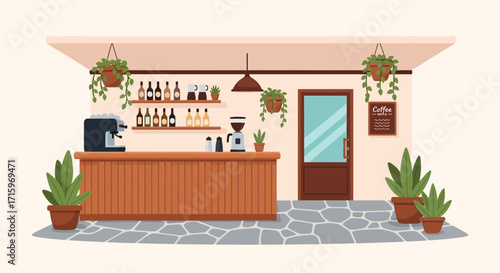 Cozy Coffee Shop Interior with Wooden Accents and Botanical Touches