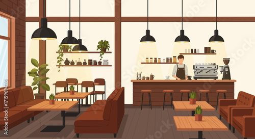 Cozy coffee shop interior with warm lighting and rustic decor atmosphere