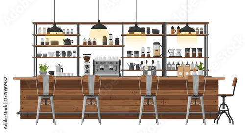 Cozy coffee shop interior with wooden bar and stylish decorations