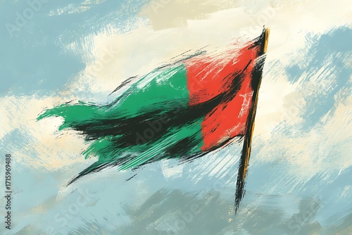 Tattered National Flag of Afghanistan Waving Against a Cloudy Sky in a Painterly Style