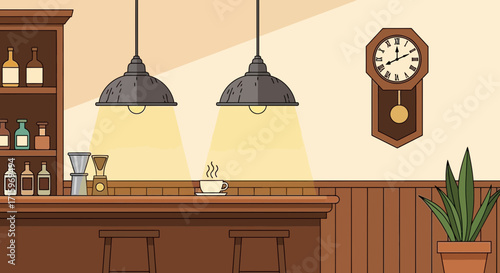 Cozy Coffee Shop Interior with Warm Lighting and Rustic Charm Illustration
