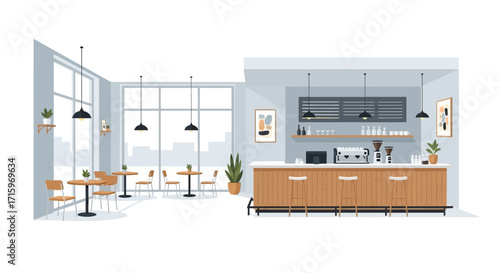 Cozy contemporary cafe interior with ample seating and stylish design