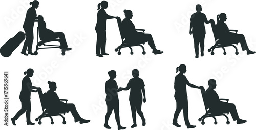 Silhouette caregiver pushing wheelchair, nurse assisting patient, elderly care support, healthcare service, disability aid, medical assistance, hospital staff, rehabilitation, nursing help,