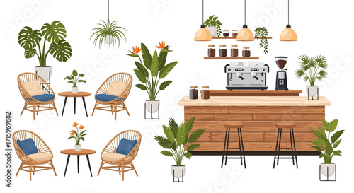 Cozy indoor cafe setup with natural wood elements and potted plants