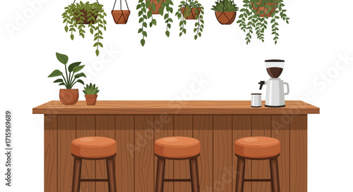 Cozy Indoor Coffee Bar with Hanging Plants and Wooden Accents Illustration