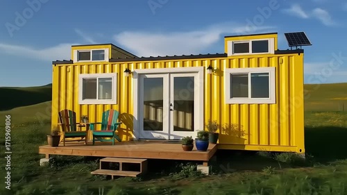 Bright yellow shipping container home with porch chairs in a scenic green landscape under blue sky