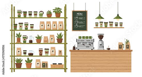 Cozy Interior Scene of a Coffee Shop with Shelves, Counter, and Equipment