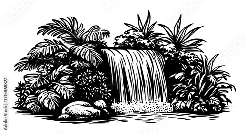 tropical jungle with waterfall illustration