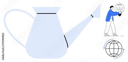 Large watering can with emphasis on innovation, person holding glowing light bulb, and rotating globe. Ideal for creativity, sustainability, environmental care, teamwork, growth, renewable energy