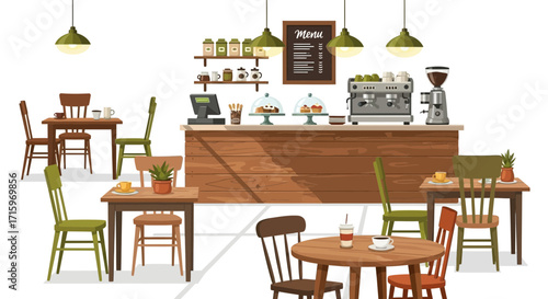 Cozy Interior of Coffee Shop with Wooden Furniture and Vintage Lighting