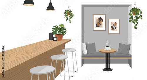 Cozy interior scene showcasing a coffee bar and lounge with greenery