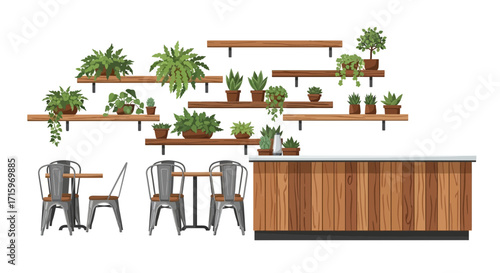 Cozy interior with shelves filled with plants, table and chairs