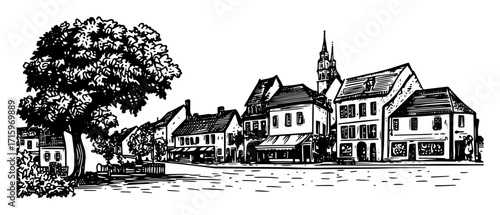 european village street with houses drawing