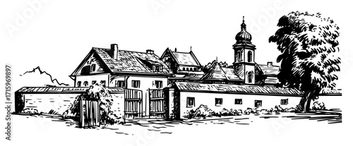 old european village with tower sketch