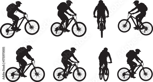 Silhouette cyclist riding mountain bike, outdoor adventure, extreme sport, cycling activity, fitness exercise, active lifestyle, backpack travel, road biking, endurance challenge