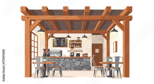Cozy rustic café interior design illustration with barista and tables