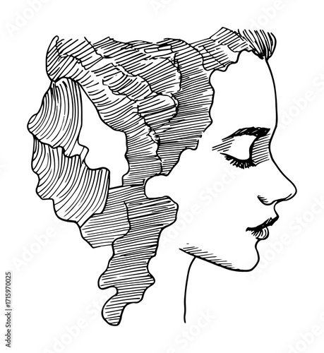 surreal female face with landscape texture