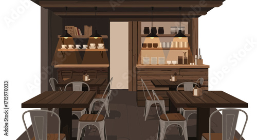 Cozy vintage style coffee shop interior with wood furniture and warm light