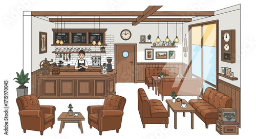 Cozy vintage style coffee shop with barista and comfortable seating