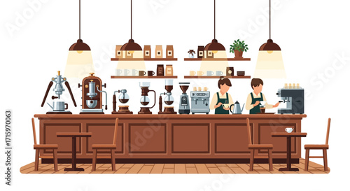 Detailed illustration of cozy coffee shop setting with barista preparing drinks