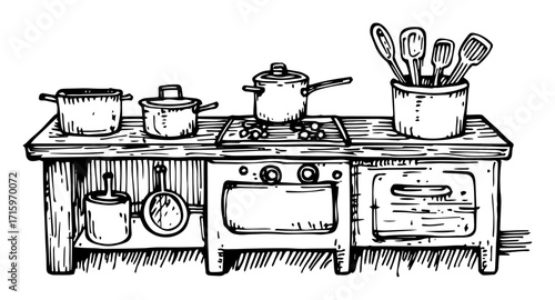 retro kitchen stove with pots illustration