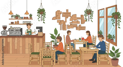 Delightful and welcoming coffee shop atmosphere with patrons enjoying beverages