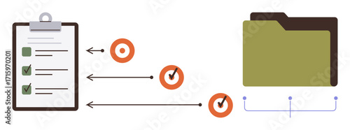Task clipboard with checkmarks, arrows directing to orange check icons, and a green folder icon. Ideal for organization, productivity, workflow, task management, planning, archiving simple flat