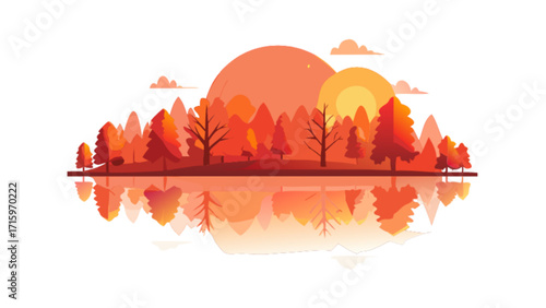 Autumnal forest landscape with reflections of trees and sun in water in warm orange and red colors