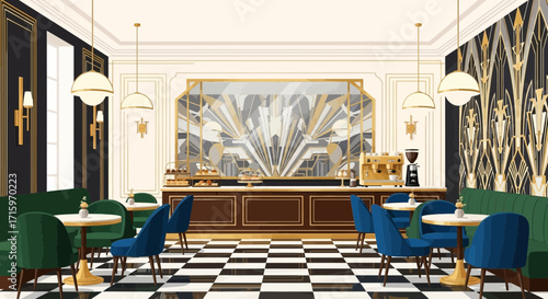 Elegant Art Deco Café Interior with Geometric Patterns and Vintage Charm