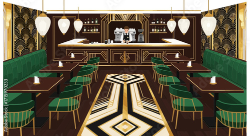 Elegant Art Deco Restaurant Interior with Lush Green Seating and Gold Details