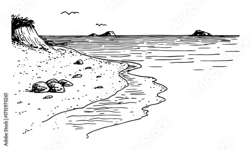 peaceful seashore with rocks and cliffs sketch