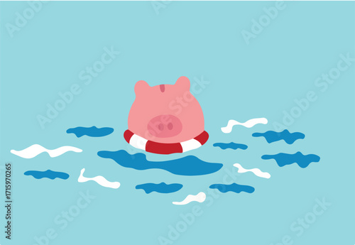 Business insurance, government helping policy in financial crisis or safety for personal savings in Coronavirus crash COVID-19 pandemic concept, hopeless pink piggy bank floating on lifebuoy in ocean.