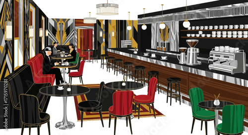 Elegant art deco restaurant scene with sophisticated patrons and coffee bar