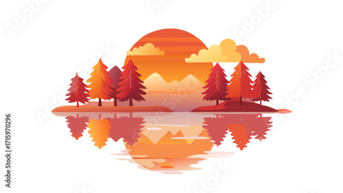 Autumnal landscape featuring a sunset over mountains and trees reflected in water creating a serene scene