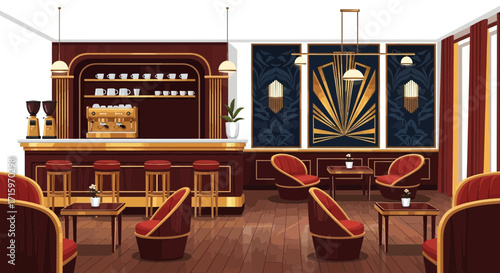 Elegant art deco styled coffee shop interior with vintage furnishings