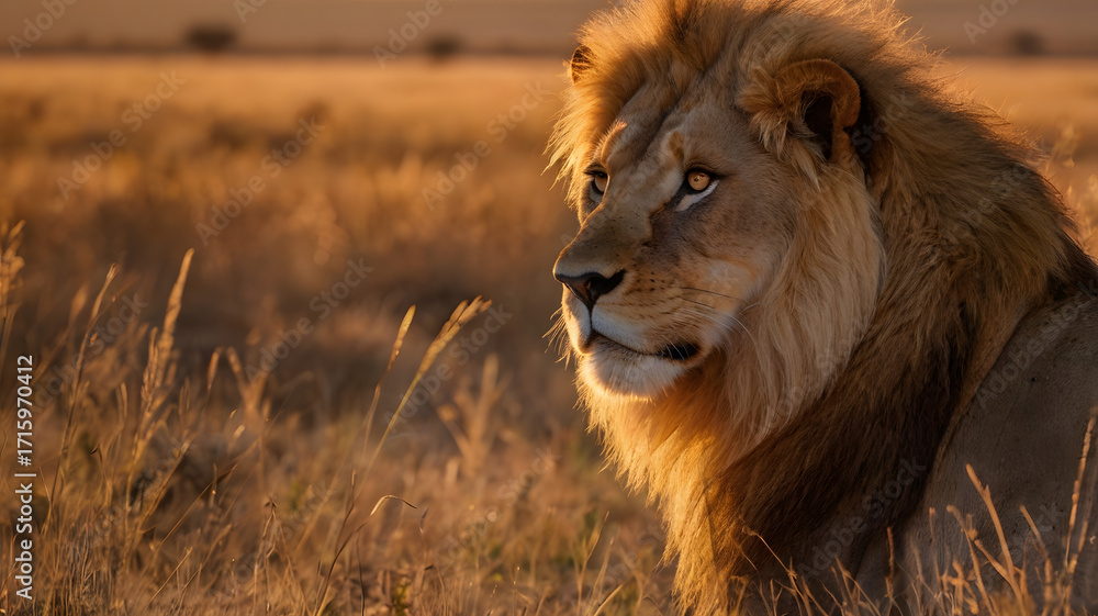 Obraz premium Close-Up of Male Lion with Golden Mane in Tall Grass