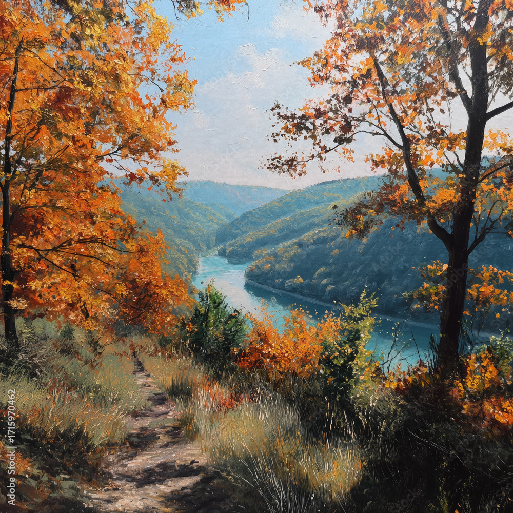 Obraz premium 息をのむような紅葉の美をアクリル画で表現した秋の山景、柔らかでいて力強いタッチが印象的な抽象的な風景画、壁紙やパッケージデザインにも使用可能なアート素材